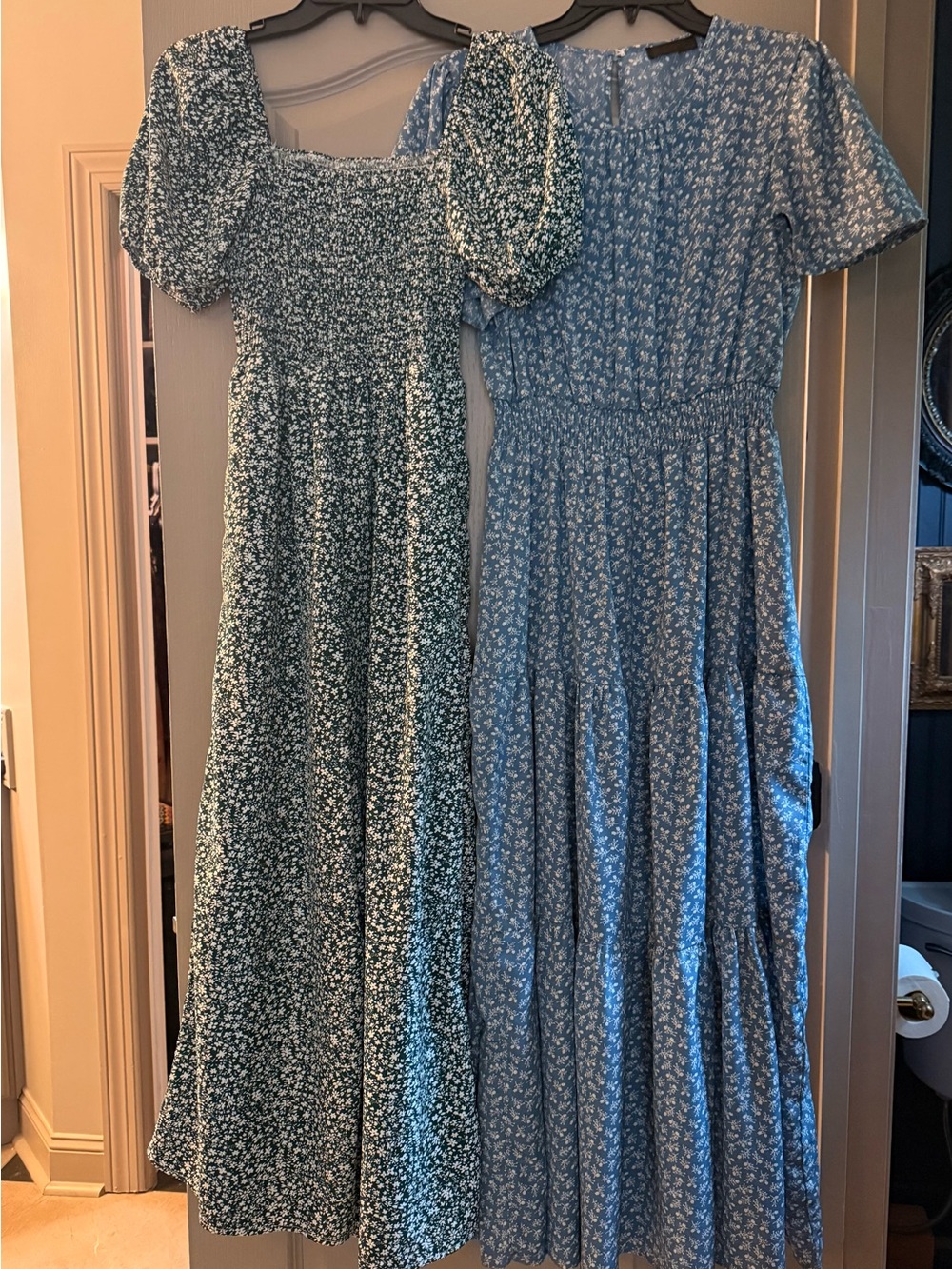 Women’s  Blue Floral Maxi Dress and green floral romper- Charming Puff Sleeve